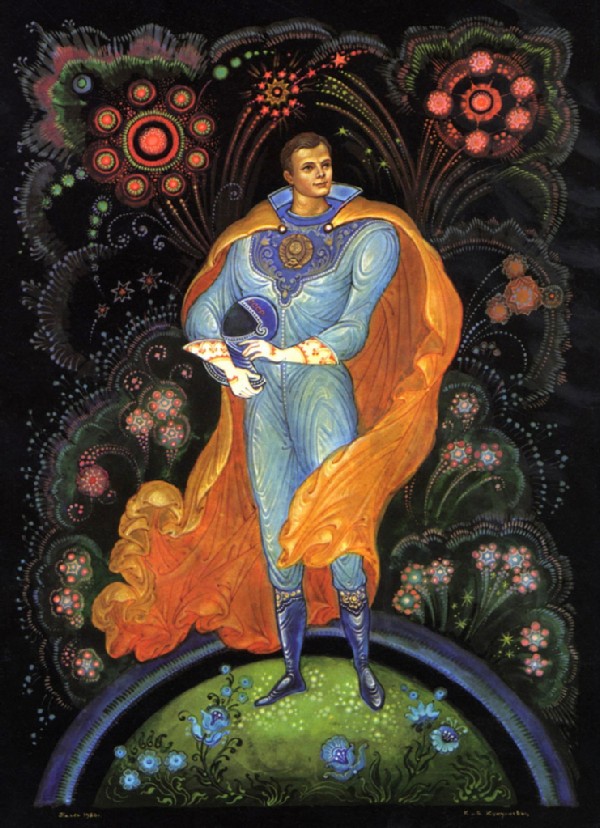 Gagarin with the USSR coat of arms on his chest