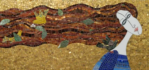Birds in Hair (24K Gold Smalti Tile). Mosaic art by Russian artist Irina Charny