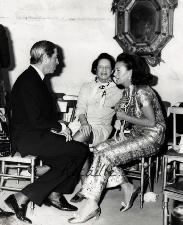 Princess Irene Galitzine and Diane Vreeland and the Baron Niki de Gunzburg after a fashion show in the atelier, Rome, 1960s
