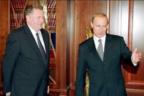 President Vladimir Putin (right) meets with leader of Duma Liberal Democrats Vladimir Zhirinovsky, as he continues on Tuesday meetings