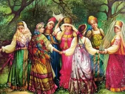 Russian folk dance Khorovod in Palekh miniature painting Russian folk dance Khorovod in Palekh miniature painting